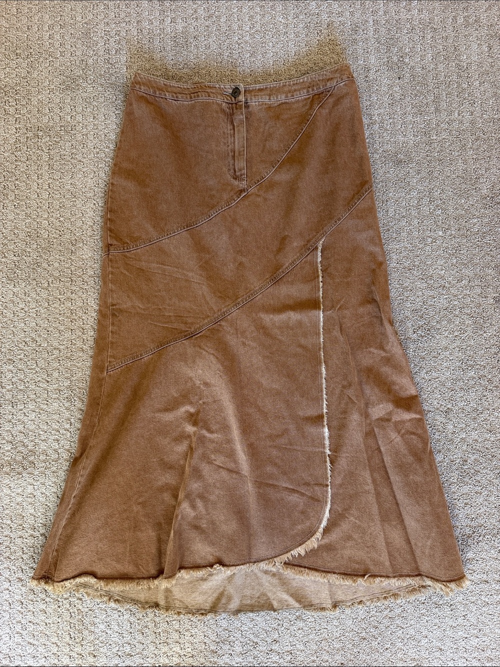 VTG Y2K Newport News Jeanology Brown Denim Maxi Skirt Frayed Pieced Seams 14